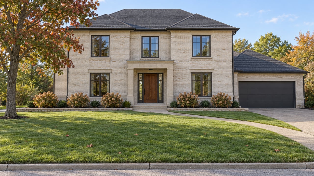 Cream-brick two-story home with a dark hip roof, deep green front lawn and a mature oak beginning to turn rust-red.