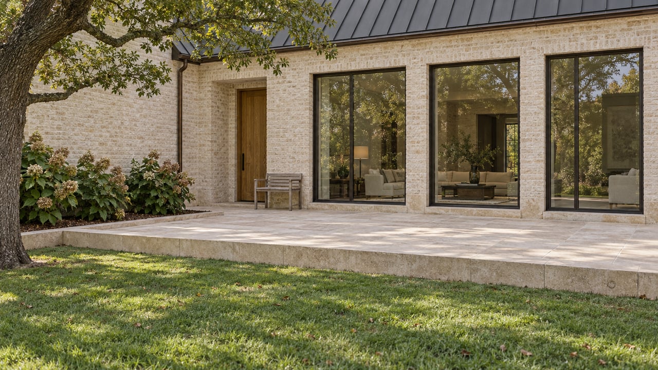 Pale brick home with bronze-framed glass bays overlooking a raised limestone terrace and deep lawn beneath a mature live oak.