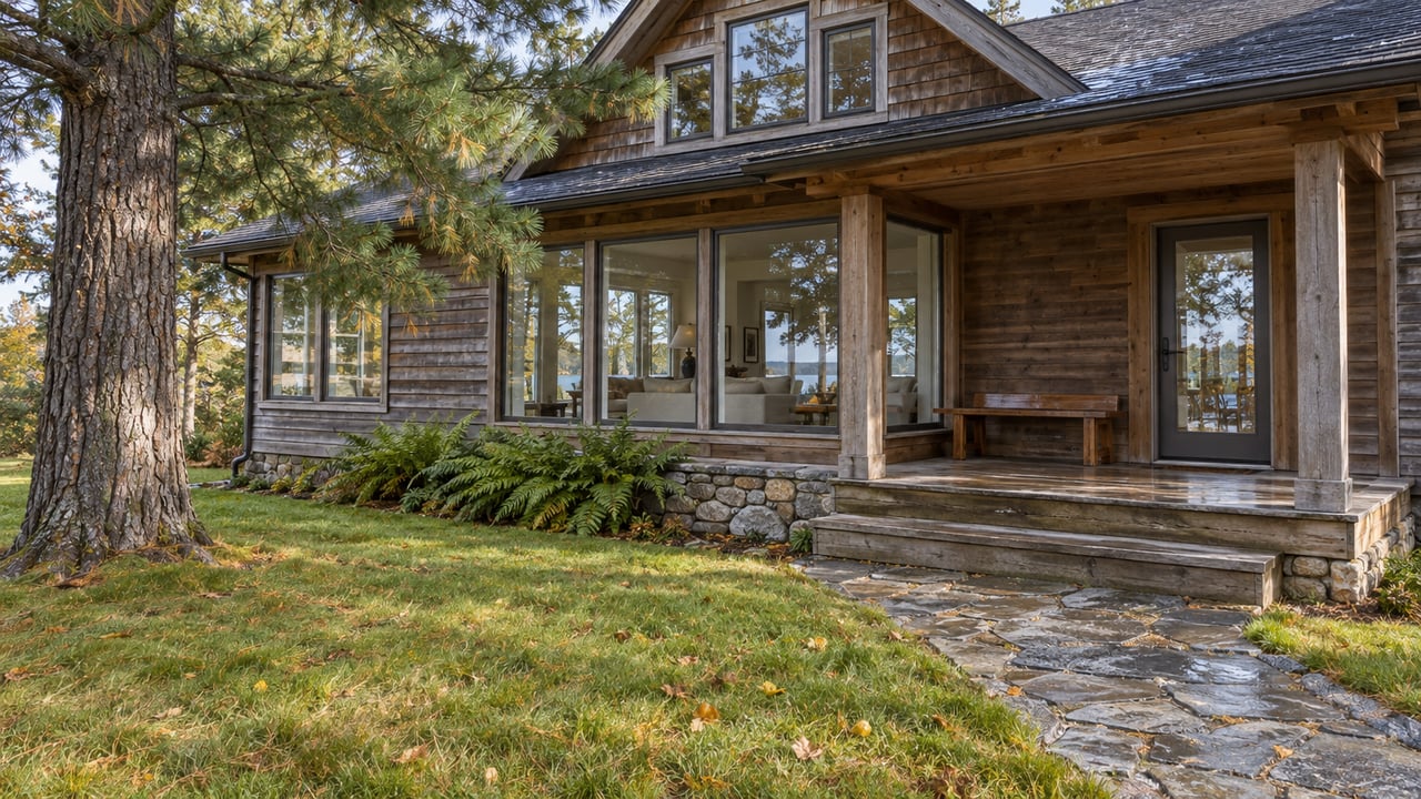 Weathered cedar lakeside home with a low covered porch, fieldstone approach and mature eastern white pine after rain.