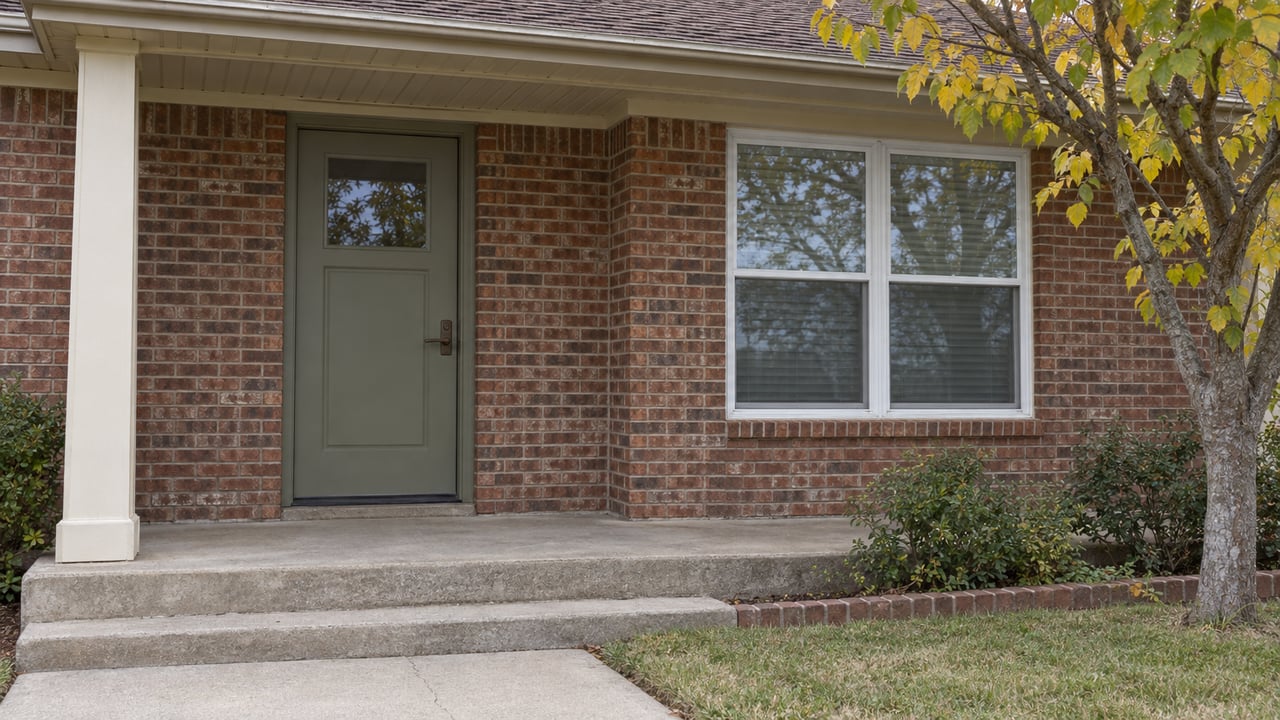Covered entry of a modest red-brick home with an olive door, concrete step and a redbud beside the lawn.