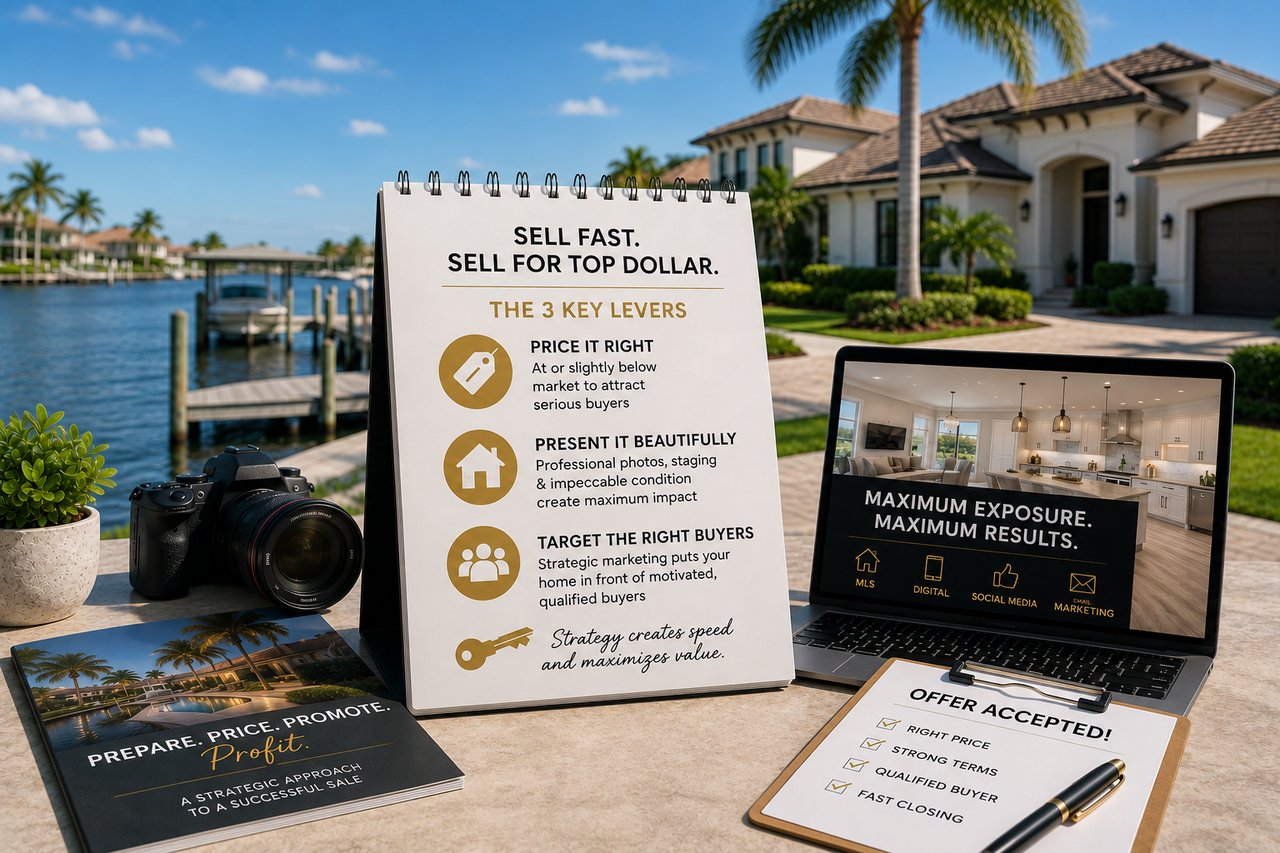 Luxury Southwest Florida waterfront home with professional real estate marketing materials, listing photography, pricing strategy, and digital marketing tools, illustrating how to sell a home quickly while maximizing value in the Florida real estate market.