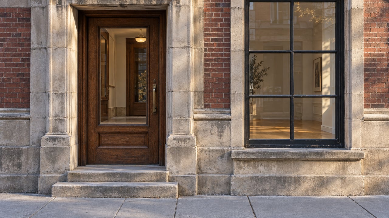Morning light across a weathered limestone residential entrance, glazed oak door and iron-framed window above worn stone steps.