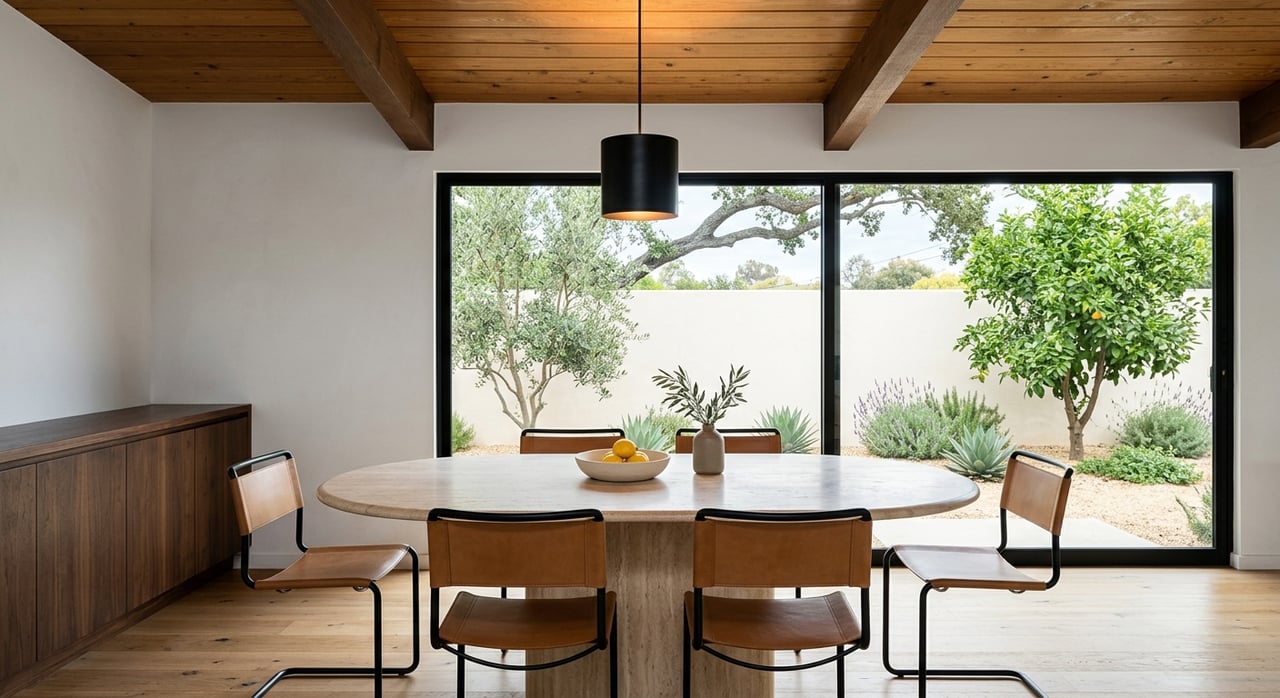 Dining table and chairs beside a walnut sideboard, with a picture window overlooking an olive-and-citrus garden.