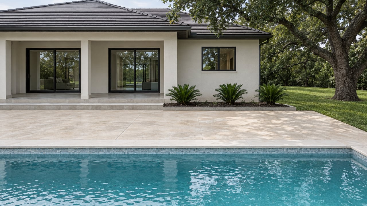 Off-white stucco house with dark-framed glass doors behind a pool, limestone-colored deck, lawn, and live oak.