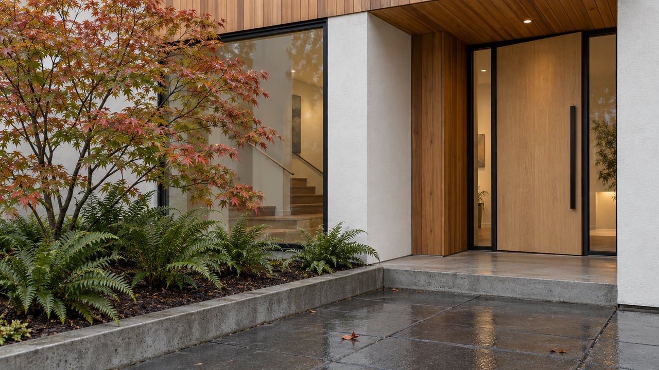 Modern home entry with a pale oak door, cedar soffit, and vine maple beside rain-darkened pavers.