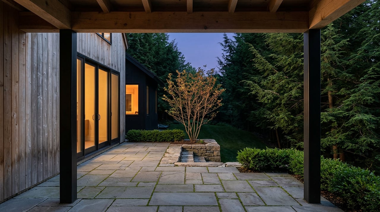 Cedar-clad retreat with one amber-lit window, framed by hemlocks beneath a blue-violet dusk sky.