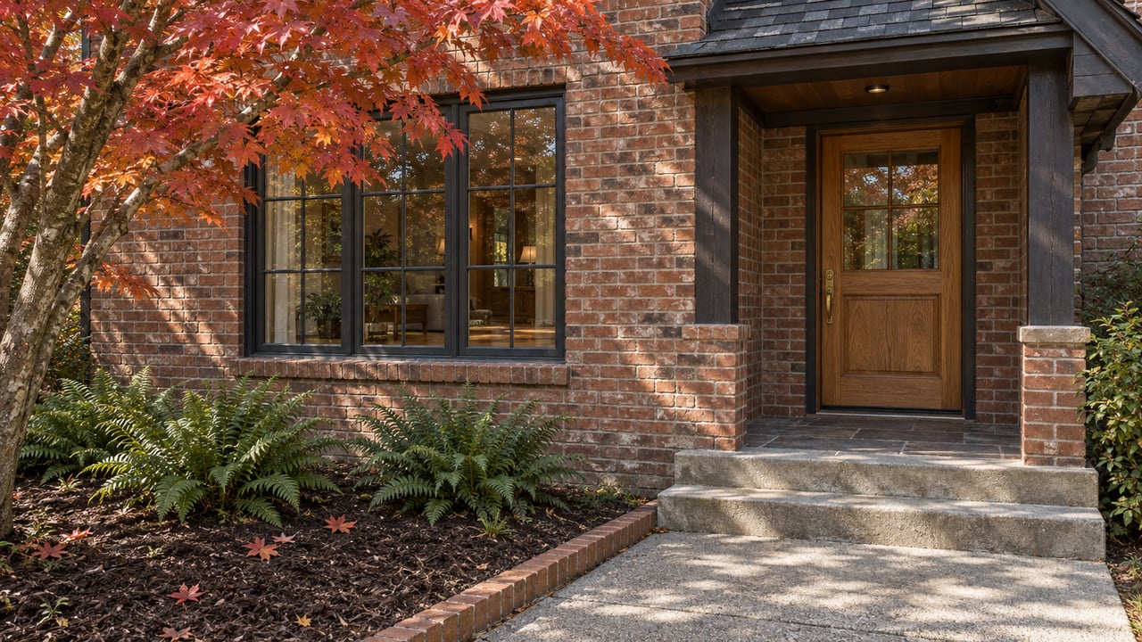 Autumn sunlight falls across a brick home's oak entry door, divided-light window, and stone porch beside a red-orange maple.