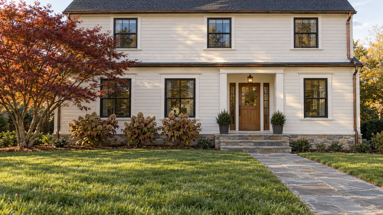 Ivory clapboard home with black sash windows, a deep front lawn, bluestone entry walk, and an autumn Japanese maple.