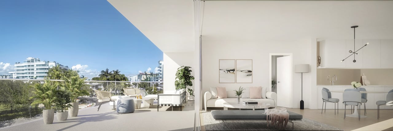Rendering of residence 306 living room at La Baia South in Bay Harbor Islands.