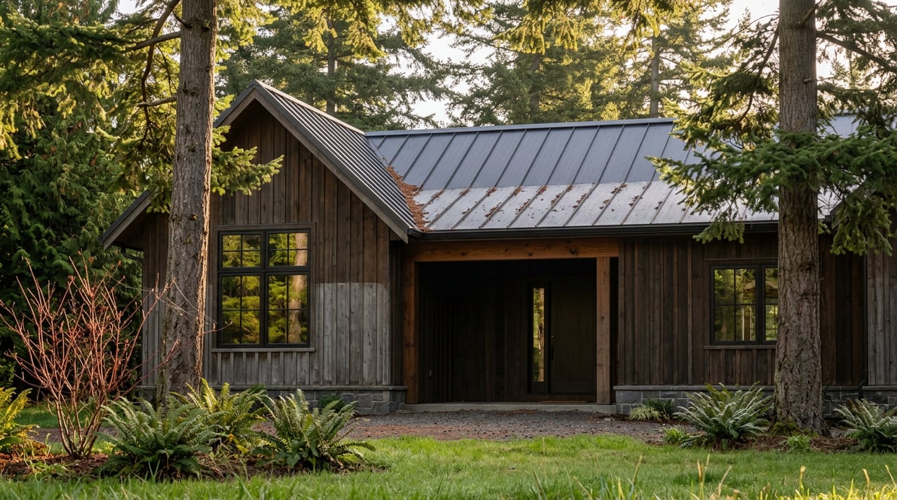 Cedar-clad home with a recessed timber entry, framed by conifers and fern beds beneath a gable roof.