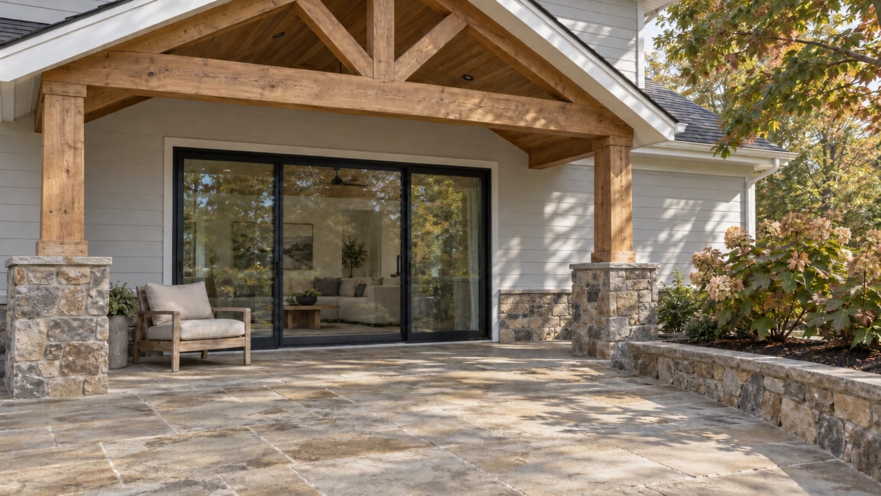 Covered timber porch with closed black-framed glass doors, a teak lounge chair and flagstone terrace beside a raised hydrangea bed.