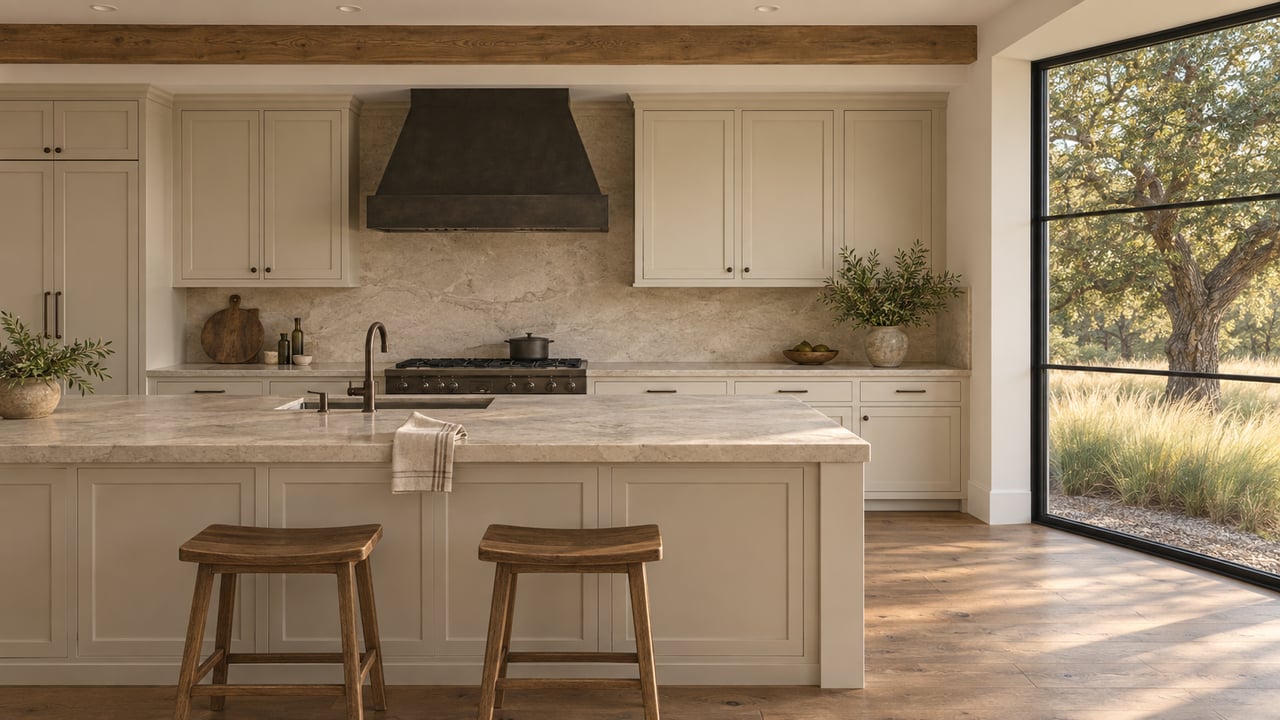 Spacious kitchen with a cream stone island, pale cabinets, and a black-framed window overlooking an oak tree.