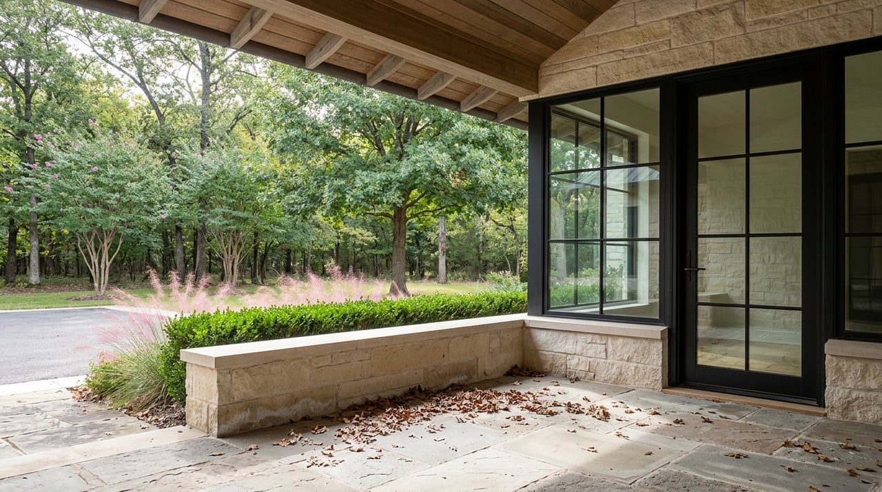 Limestone breezeway overlooks a wooded yard, with pink grasses beside its flagstone floor.