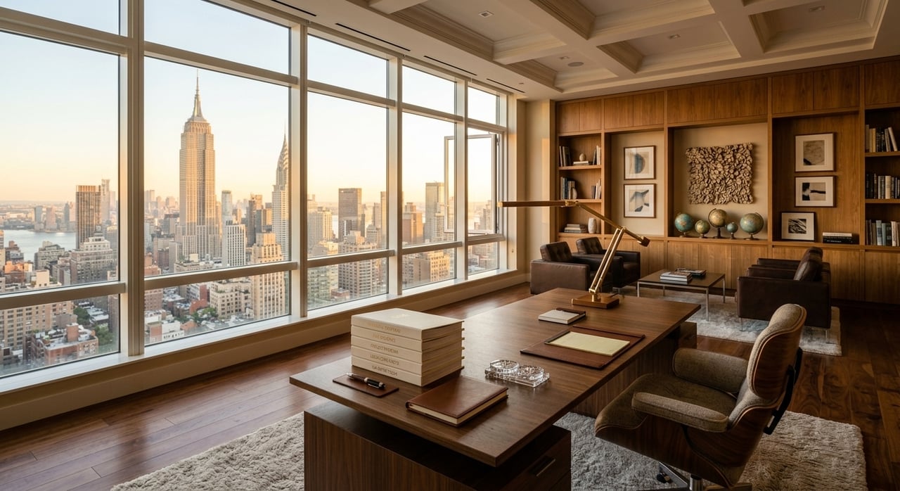 Furnished high-rise living room with wood-paneled built-ins and Manhattan skyline views.