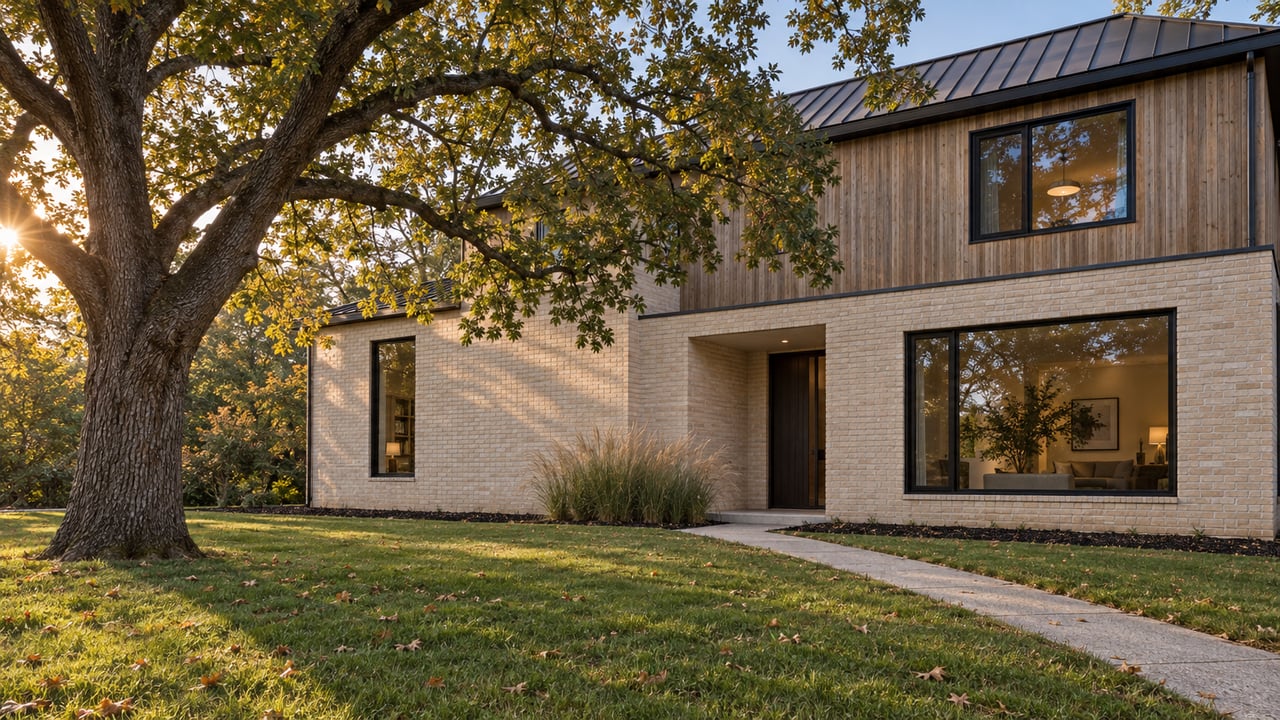 Detached two-story brick and cedar house behind a broad lawn, with a mature tree and diagonal concrete walk.