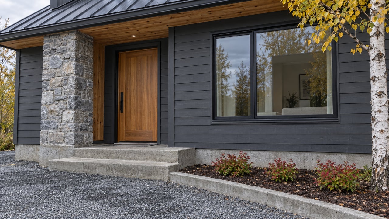 Close view of a charcoal-clad home with a cedar entry door, stone pier, large window, and concrete steps beside a yellow-leaved paper birch.
