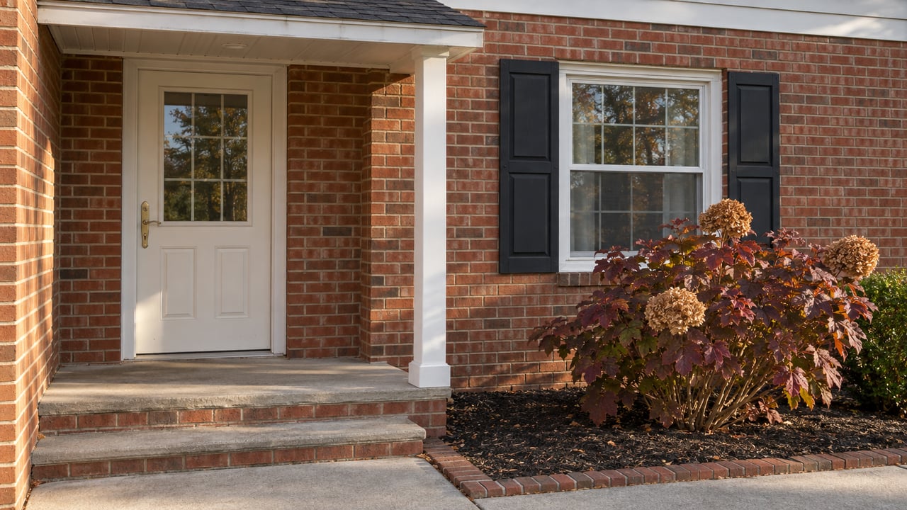 Late-afternoon sunlight on a red-brick residential entry with white trim, paired black window shutters and burgundy oakleaf hydrangea foliage.