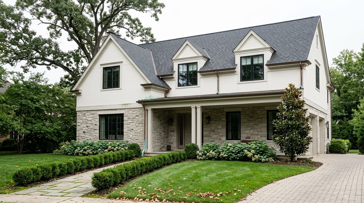 Two-story stone-and-white-panel home with dormers, a columned entry, flagstone walk, clipped hedges, and broad lawn.