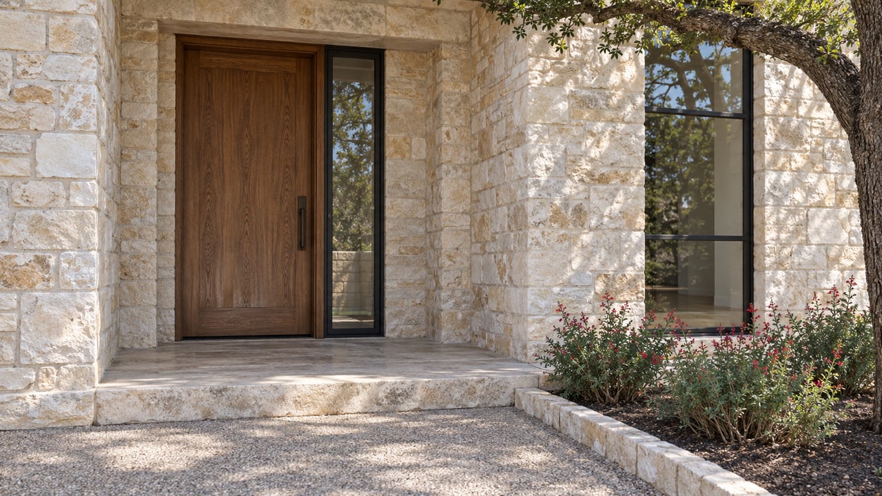 Stone home entrance with a tall wooden door, black-framed windows, and flowering shrubs.