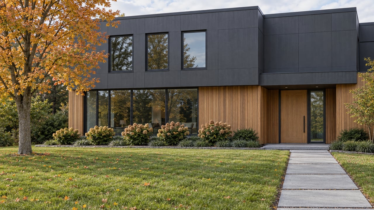 Contemporary home with cedar and charcoal cladding beyond a broad autumn lawn, with a sugar maple and granite entry walk.