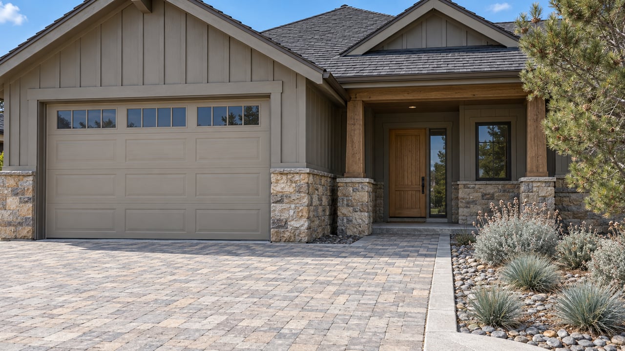 Warm-gray gabled home with buff stone porch supports, a sand-colored garage door, paver driveway, and silver-leaved drought-tolerant planting.