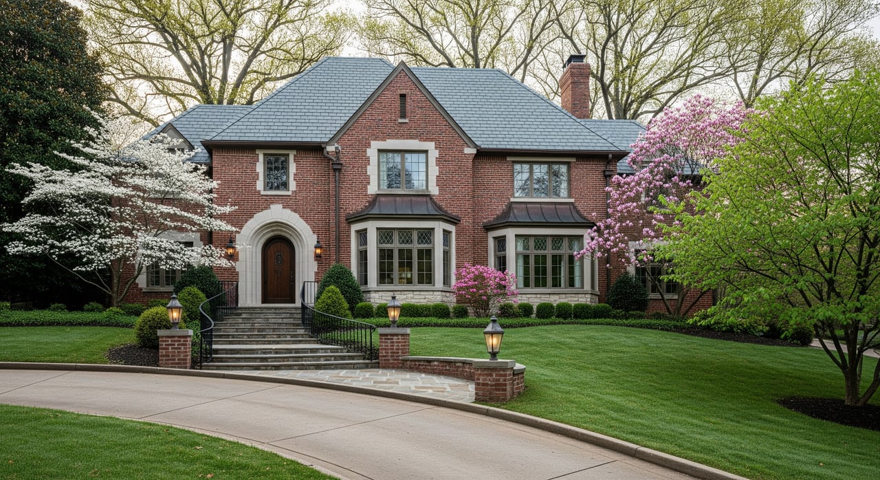 Large red-brick house with an arched entry, slate roof, front steps, and flowering trees.