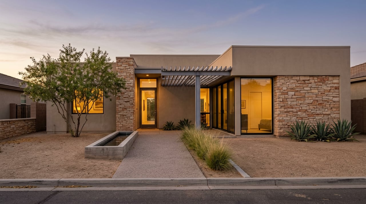Desert-modern home at dusk, with ledgestone entry, glass walls, desert willow, and narrow reflecting pool.