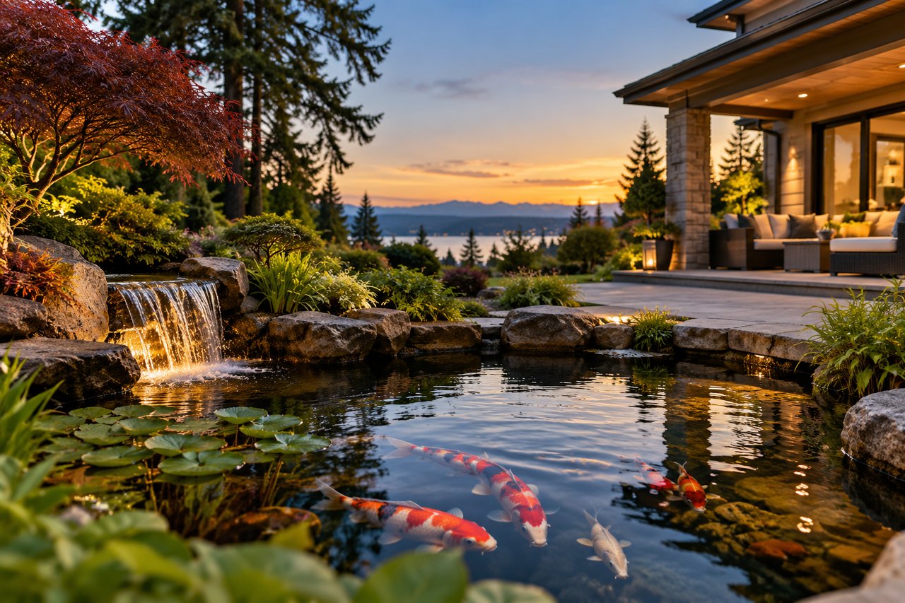 Luxury home patio beside a koi pond and waterfall, with a lake and mountain view at sunset.