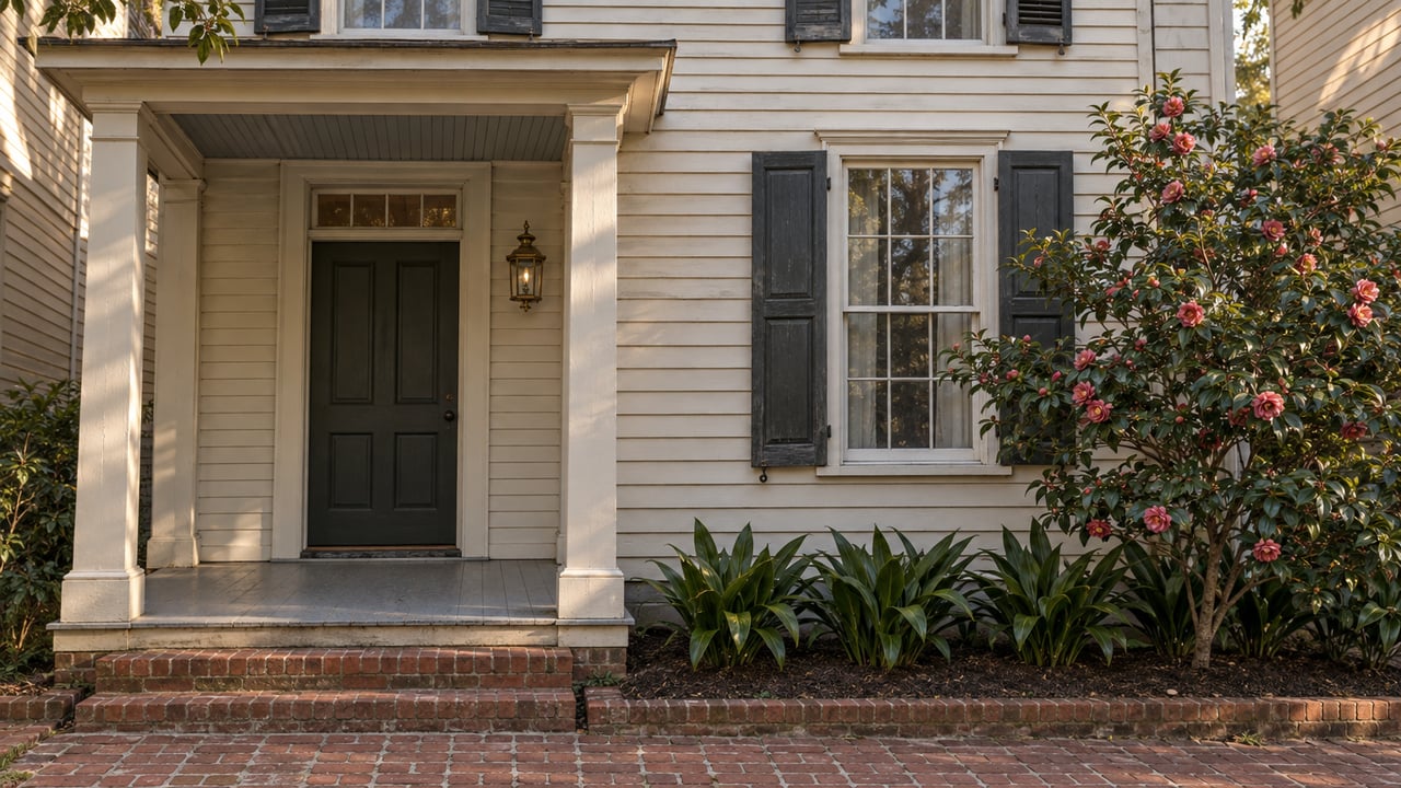 Ivory clapboard home with charcoal shutters, a covered porch, worn brick steps and a camellia beside the entry.