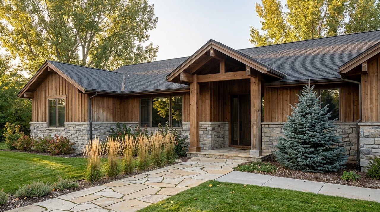 Timber-and-stone lodge-style home with a covered cedar entry, flagstone walkway, and cottonwoods overhead.