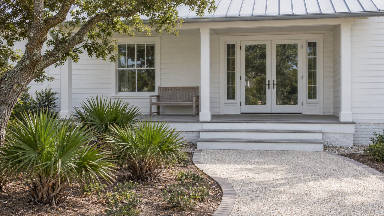 White timber cottage with a pale metal roof, shaded porch, shell-aggregate garden walk and sculptural native planting.