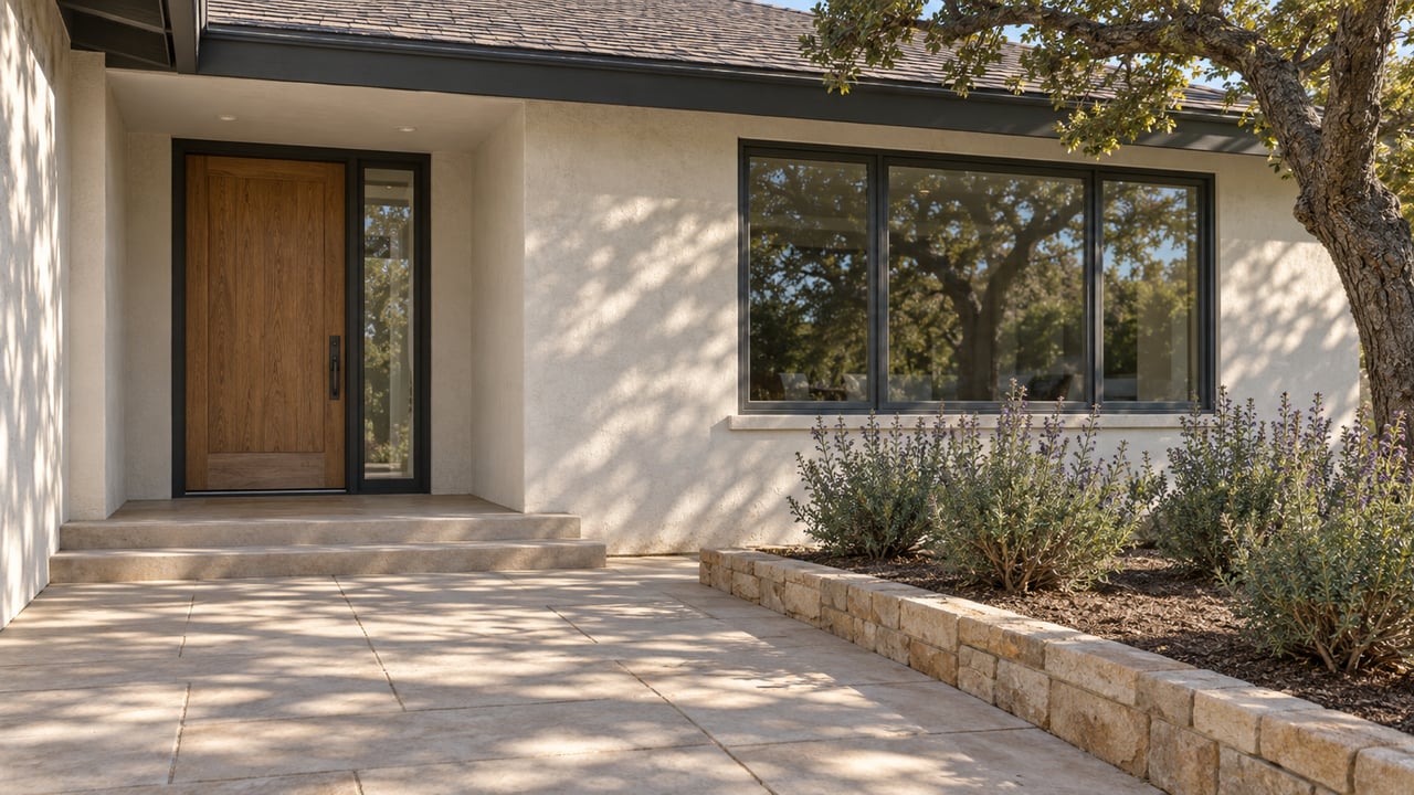 A broad covered entry with an oak door, ivory stucco, charcoal window frames and sandstone-bordered paving beneath a mature oak.