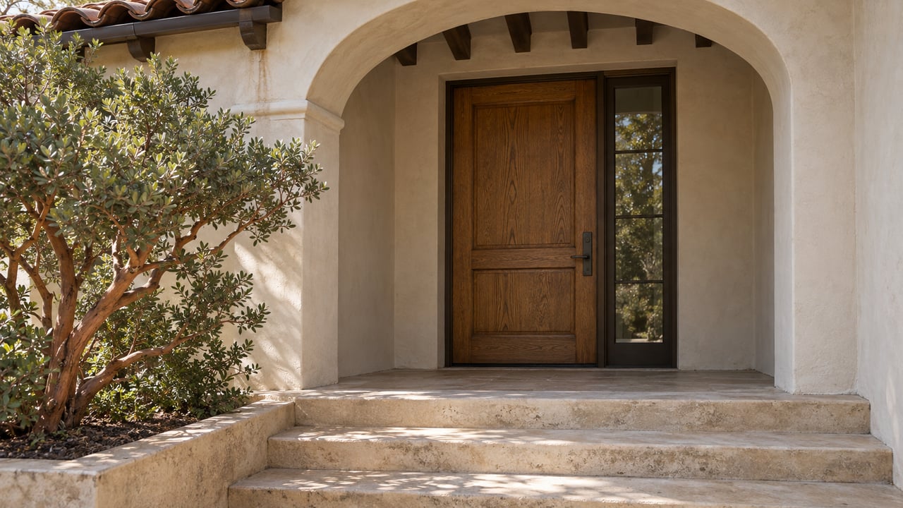 Recessed oak entry door beneath a stucco arch, beside a limestone step and cinnamon-barked shrub.