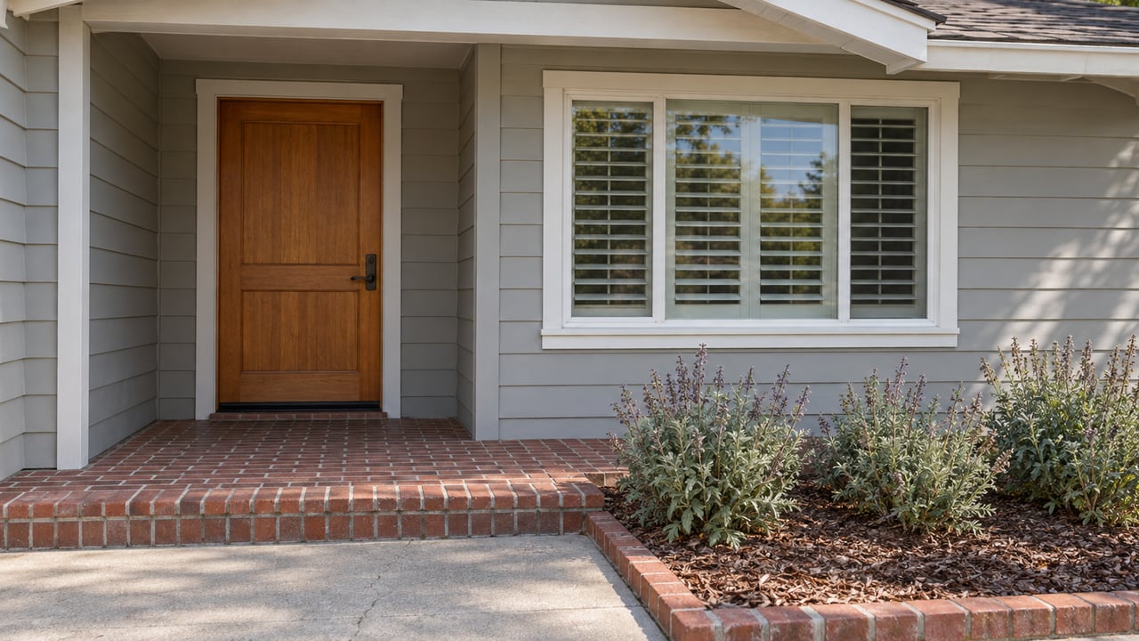 Sunlit wood front door and white-framed window above a worn red-brick porch, with silver-green sage beside the concrete approach.