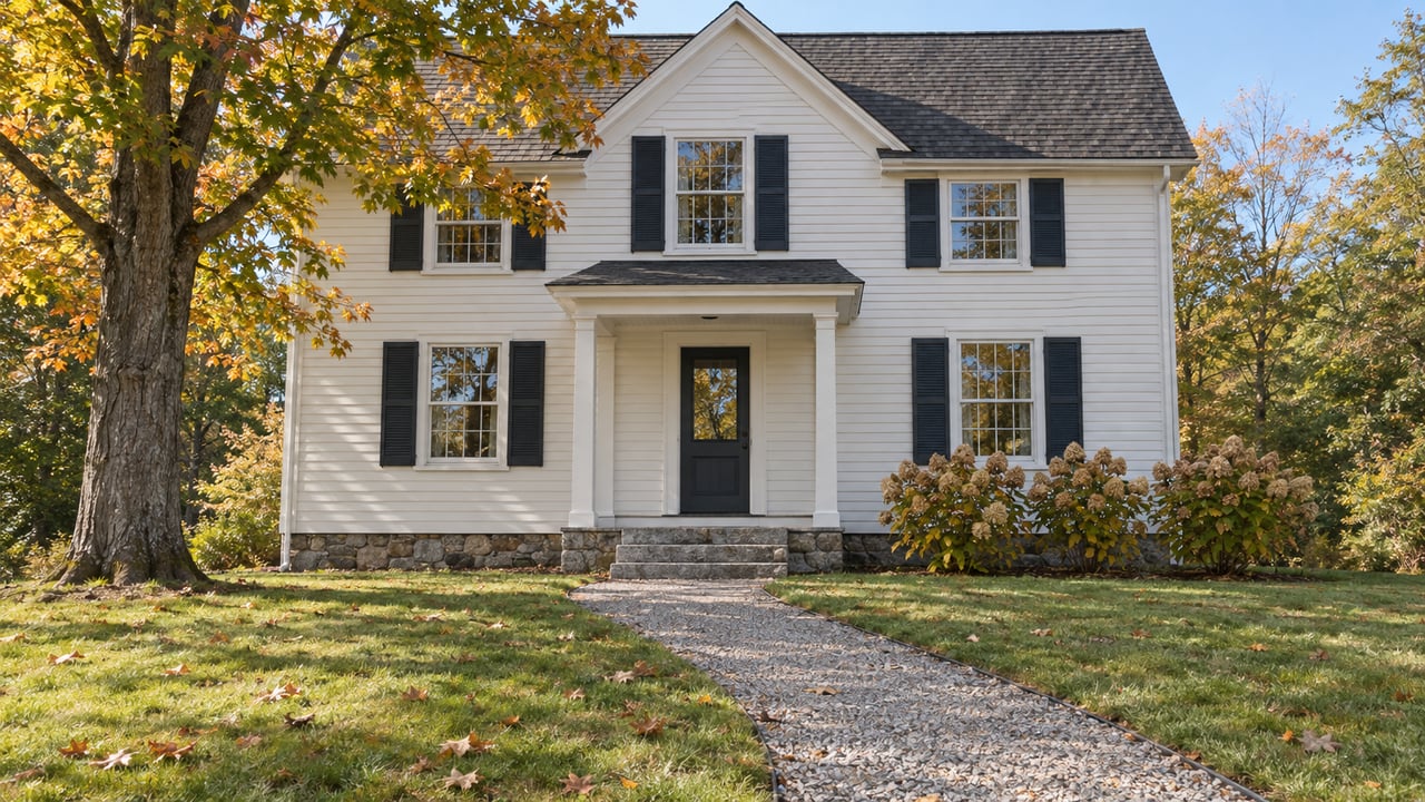 Off-white clapboard home with dark shutters, a covered granite-step entry and an autumn maple beside a broad front lawn.