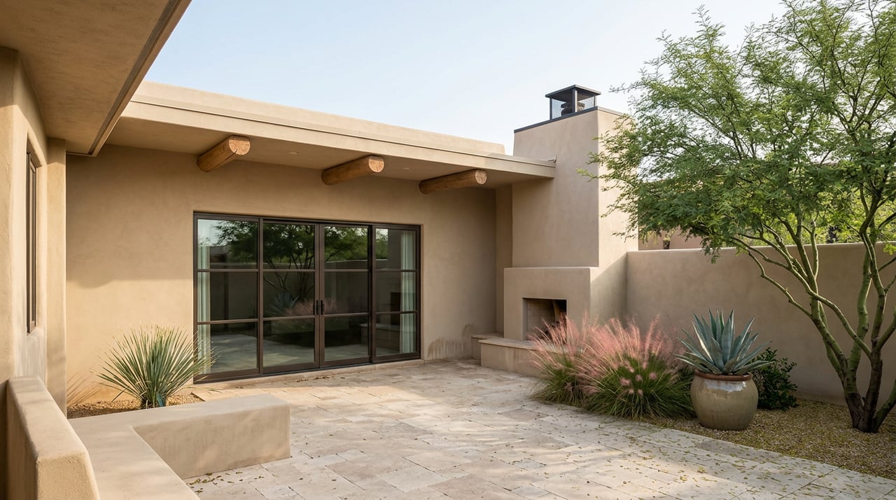 Desert courtyard with a plaster fireplace, glass doors, exposed wood beams, palo verde tree, and silver-blue agave.