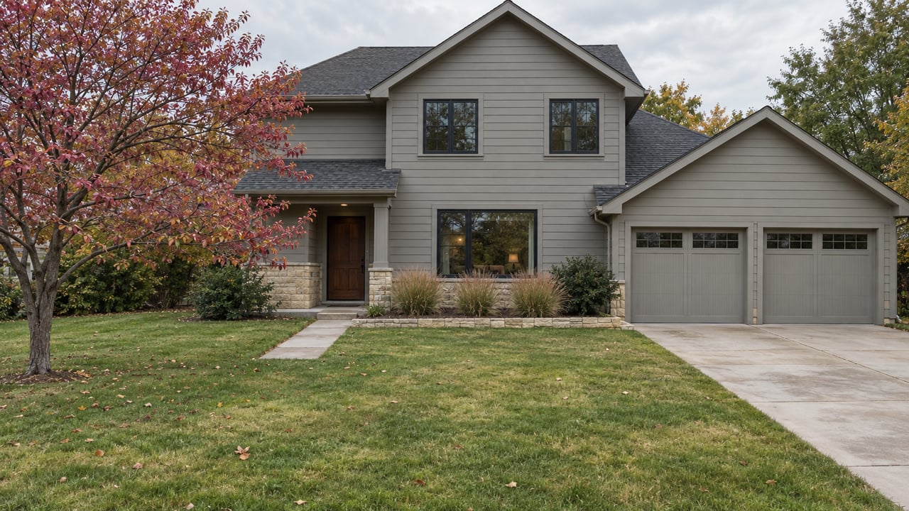 Two-story gray house with a right-side double garage, front lawn, concrete walkway, and redbud tree.