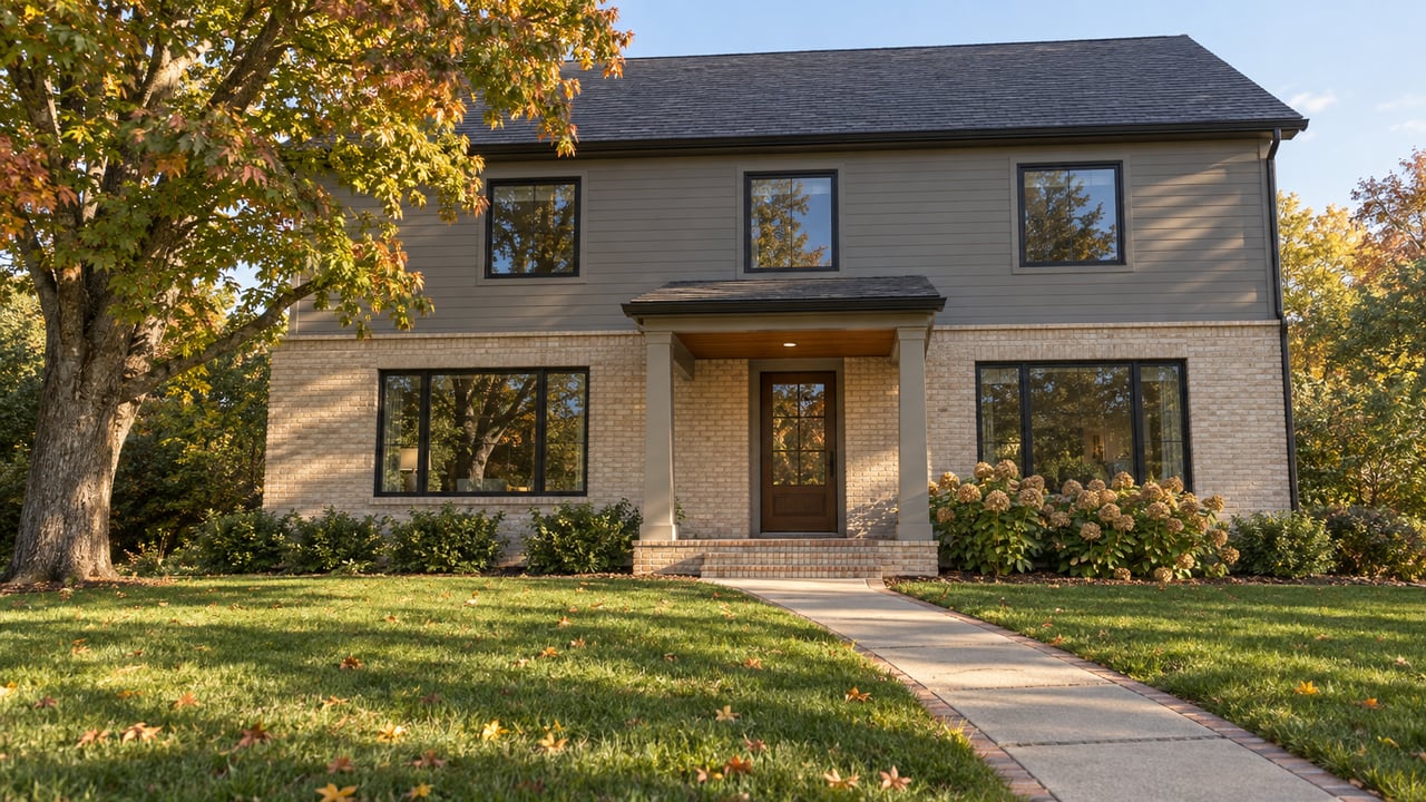 A two-story brick and wood-sided home behind a deep lawn, with black-framed windows and a maple beginning to turn copper in afternoon light.