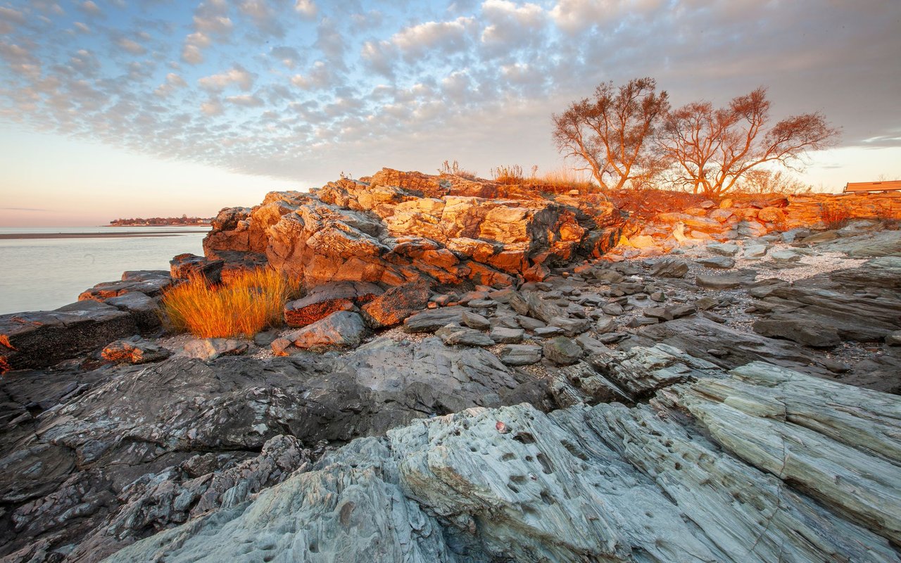 Rocky West Haven shoreline at golden hour, with calm water, bare trees and a bench.