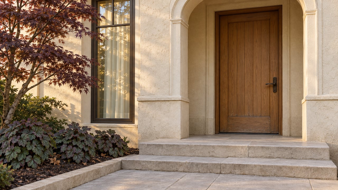 Warm side light across an arched stucco entrance, oak front door, tall window and worn limestone steps beside a Japanese maple.