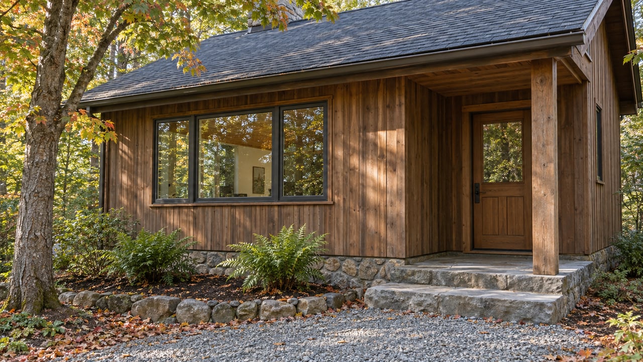 Cedar-clad woodland home with grouped windows, a covered entry, and worn stone steps beside a red maple.