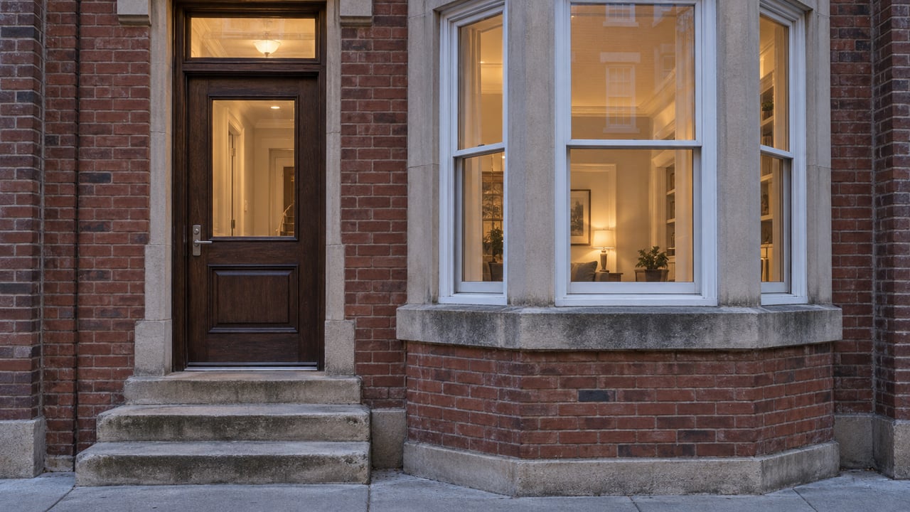 Brick townhouse entrance with worn limestone steps, an oak door and a white-trimmed bay window glowing at dusk.