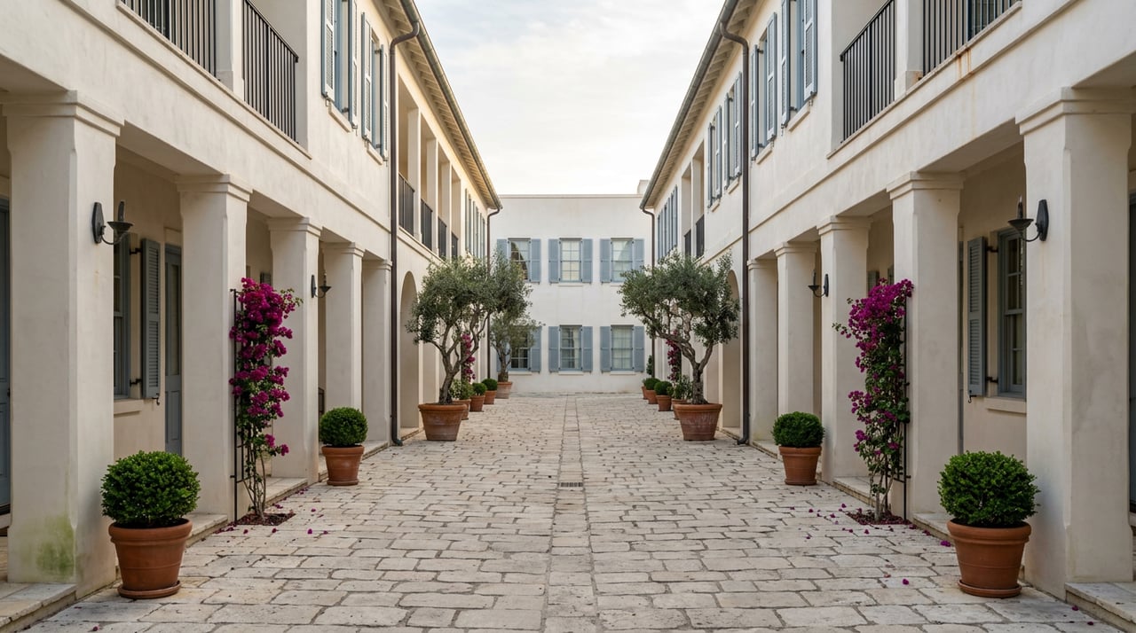 Limestone pedestrian lane between stucco arcades, with blue-gray shutters, potted olive trees, and magenta bougainvillea.