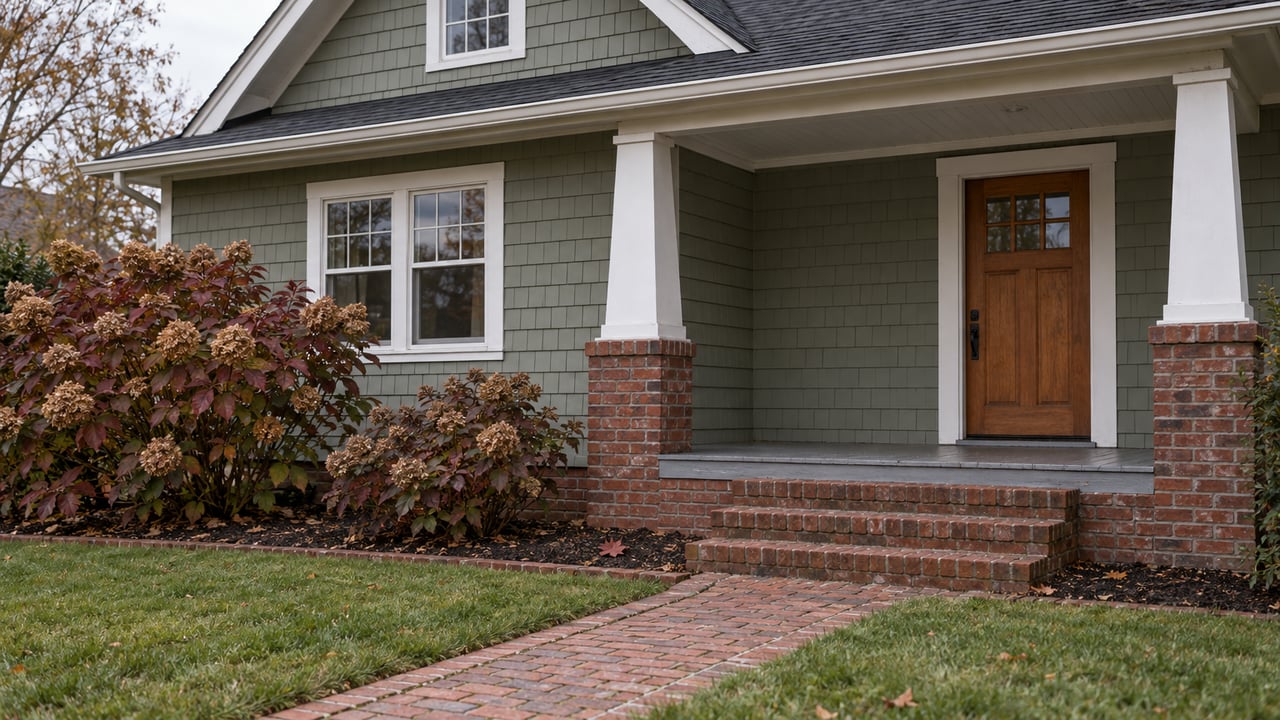 Sage-shingled home with white porch columns, a warm wood door, brick steps and autumn oakleaf hydrangeas.