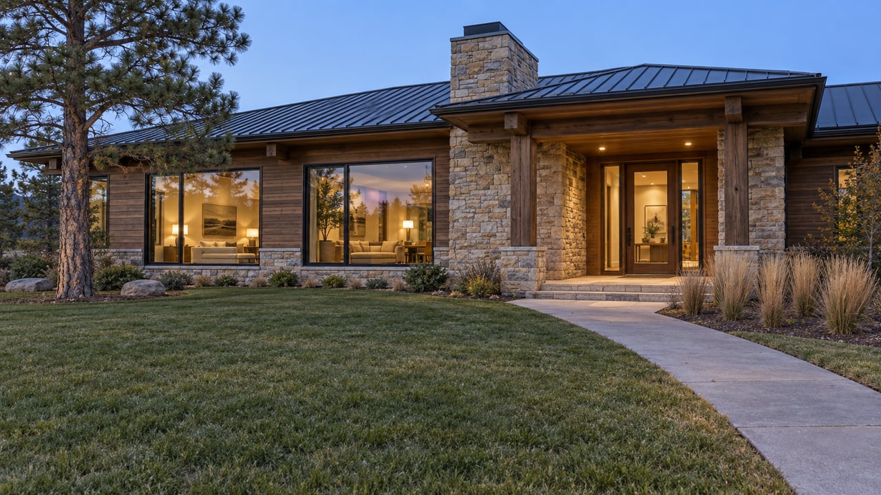 Stone and cedar home at blue hour, with broad lawn, a concrete approach, a mature ponderosa pine and tawny little bluestem beside a warmly lit entry.