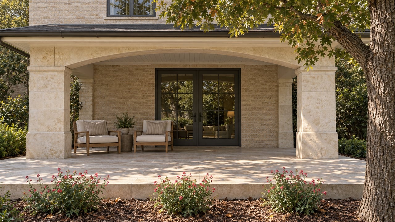Covered brick and limestone terrace with paired glass doors, two teak chairs, and a mature oak beside a raised stone patio.