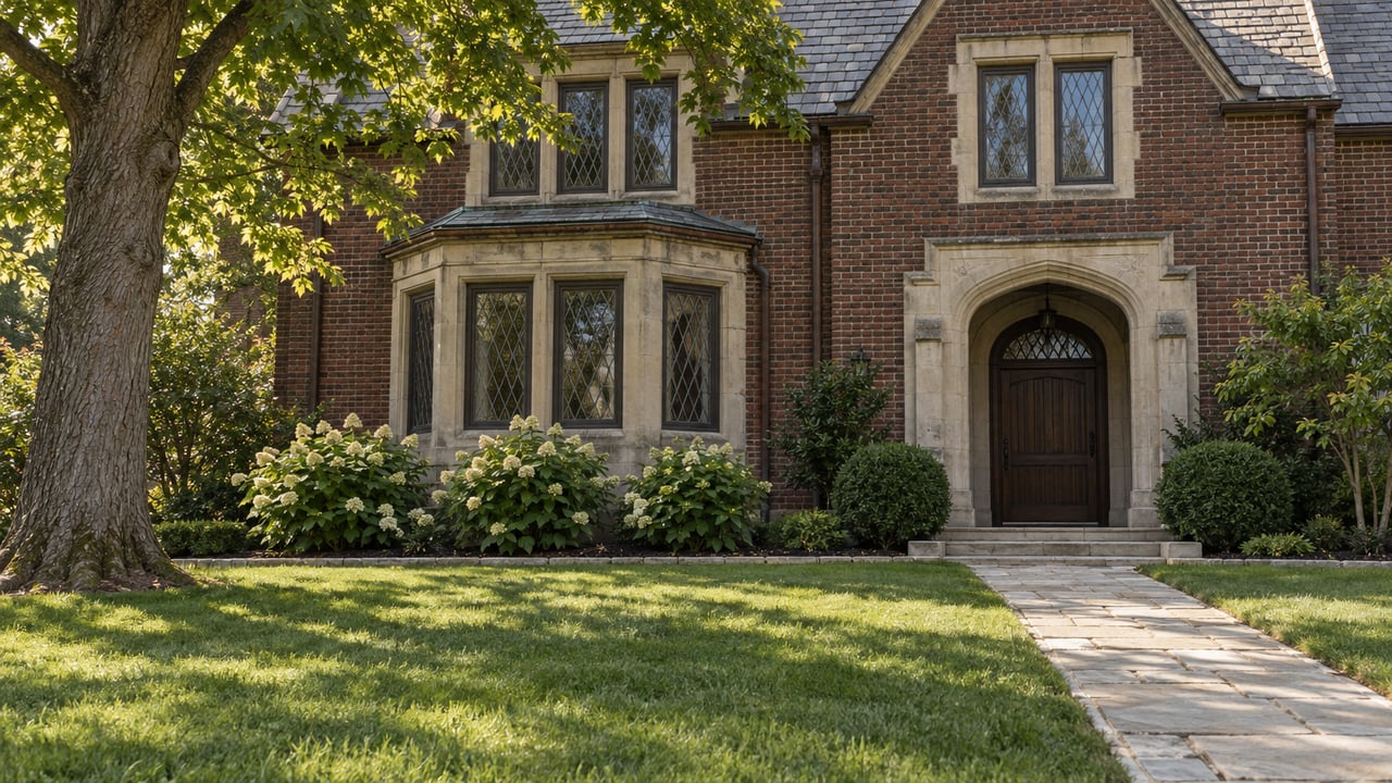 Summer lawn and limestone approach leading to a historic red-brick home with leaded windows, slate roofing and oak entrance.