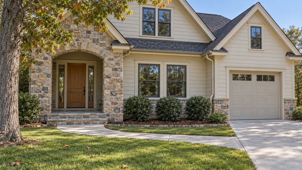 Two-story cream house with a stone arched entry, wooden door, attached garage, and mature tree.