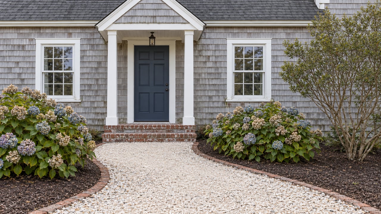 Silver-gray shingled coastal house with a navy door, curved shell path, and faded blue hydrangeas.