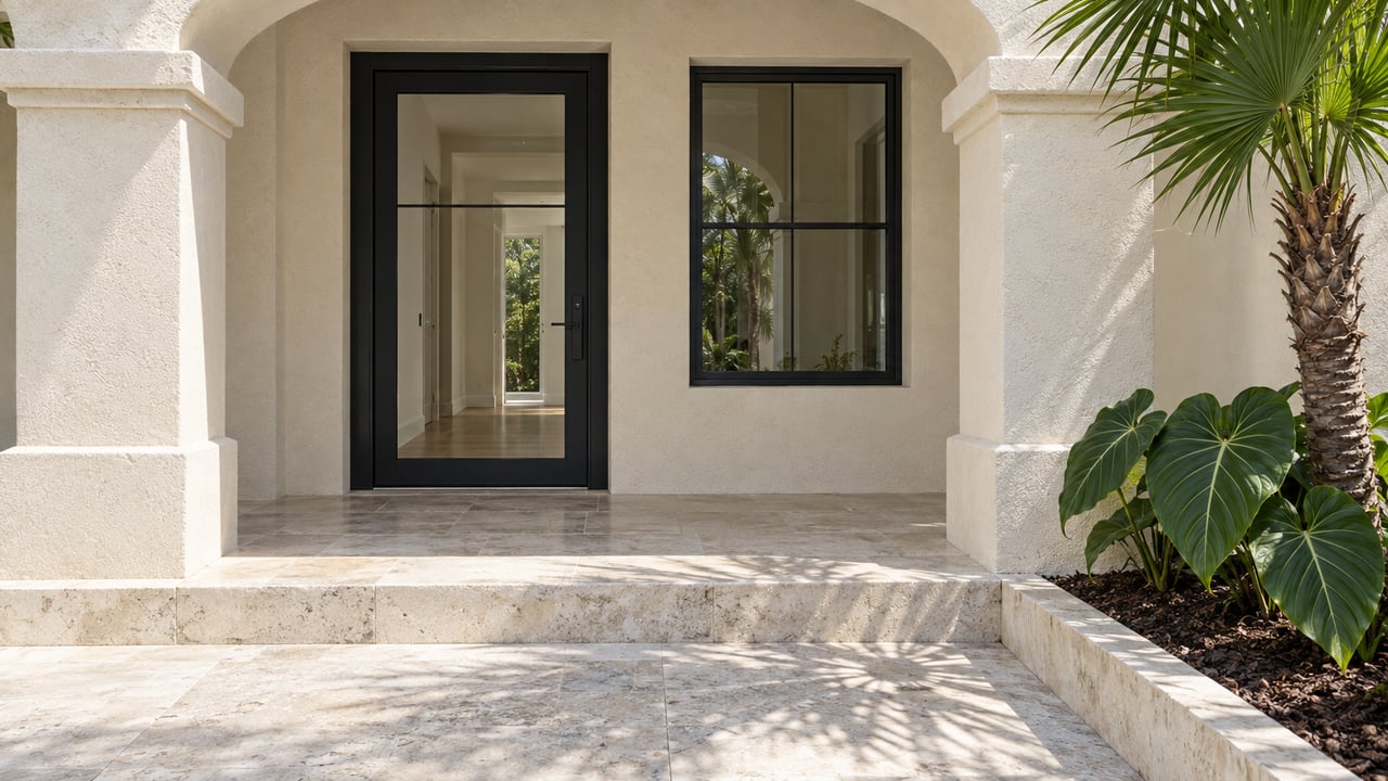 Cream stucco arched porch with black-framed glazing, worn pale limestone steps and a sculptural fan palm beside a raised planting bed.